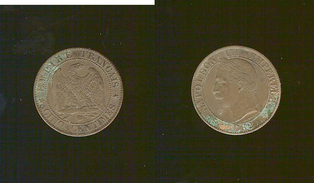 Cinq centimes Napoléon III, tête laurée 1862 Strasbourg TTB+